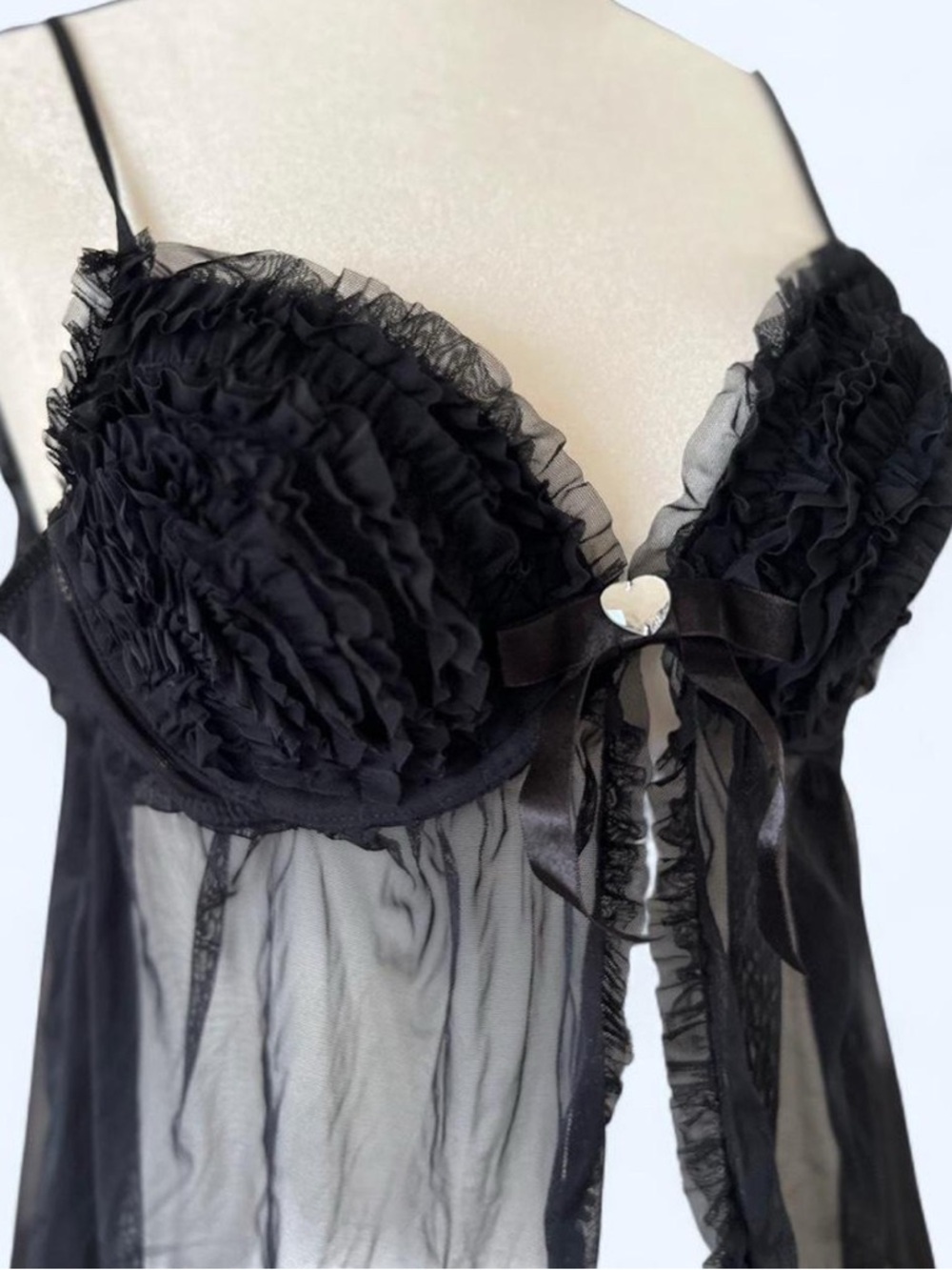 La Senza Black Sheer Ruffled Babydoll Lingerie Chemise Medium